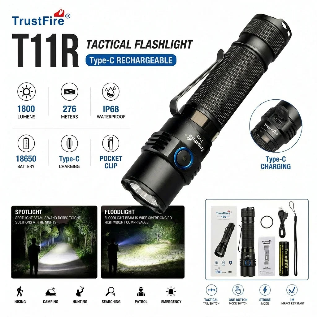 TrustFire T11R 1800 LM Tactical Flashlight Type-C Rechargeable LED Torch 18650 Battery IP68 Waterproof Searchlight for Camping