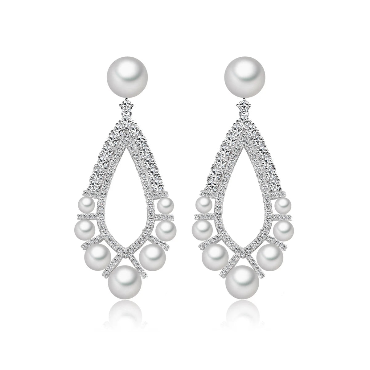 Hot Selling Silver Plated Elegant Cubic Zircon Long Pearl Chandelier Drop Wedding Earrings for Women Brides Engagement Jewelry