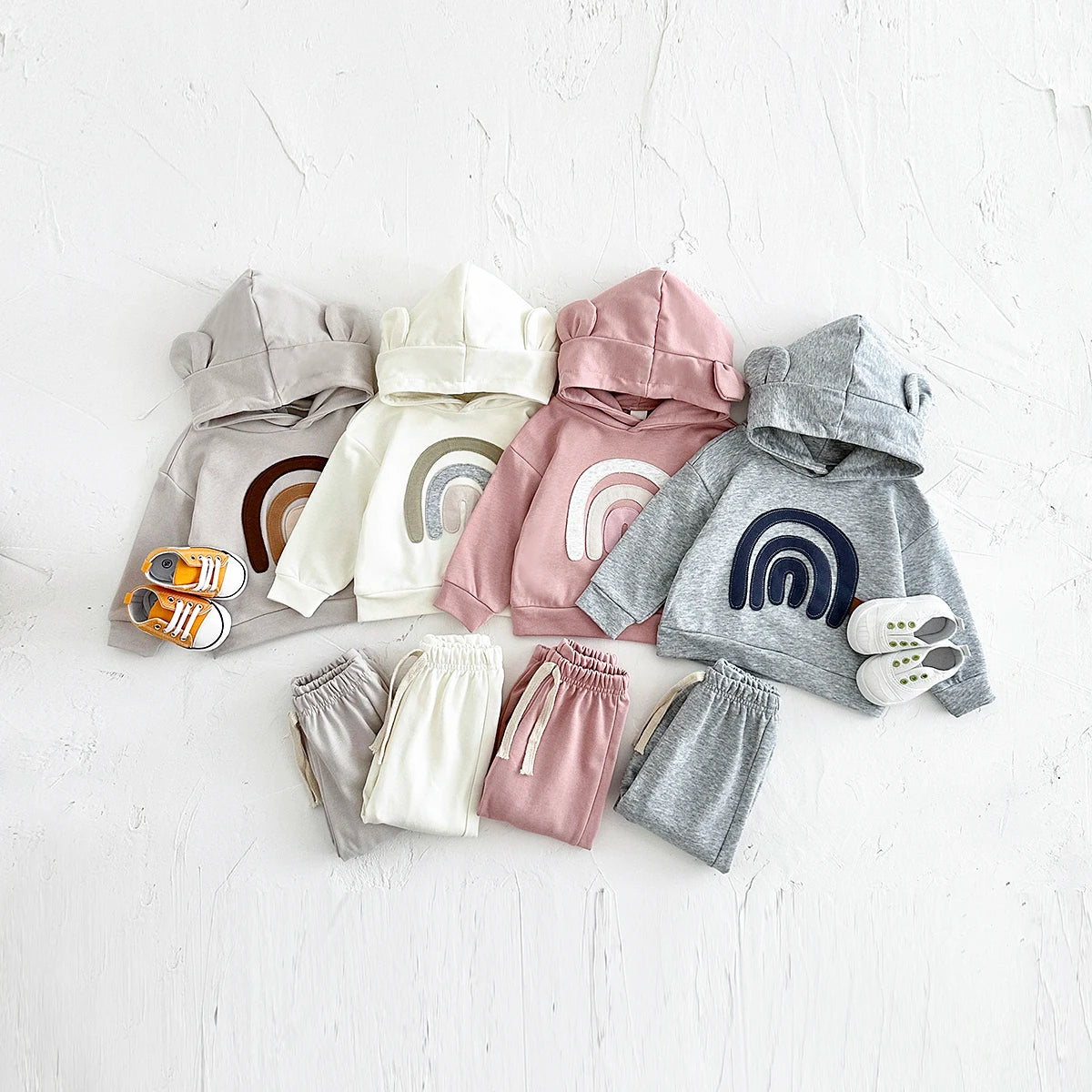 Autumn and Spring Newborn Baby Clothing Set Rainbow Applique Rabbit Ear Hooded Long Sleeve Hoodie Infant Clothes