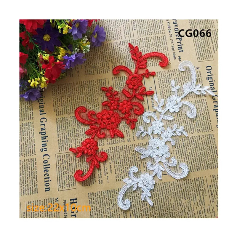 Promotional Product Customized Red White Embroidery Mesh Eco-Friendly Mirror Pairs Lace Applique Patches Wedding Dress Cloth