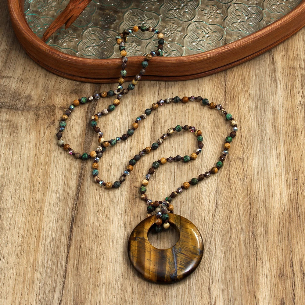 Fashion Vintage 4mm Natural Stone Glass Knot Necklace 5cm Round Tiger Eye Obsidian Safety Buckle Button Pendant Necklace for Men