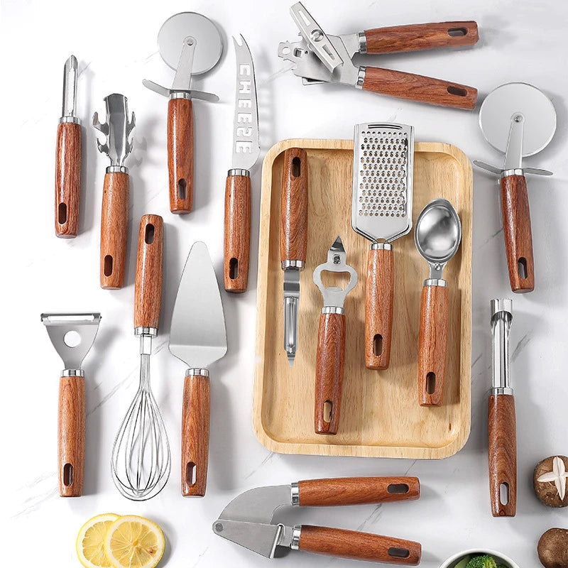Manjia Rosewood Bottle Opener Egg Beater Planer Pizza Spatula Core Remover Stainless Steel Kitchen Gadget  Utensils  Set