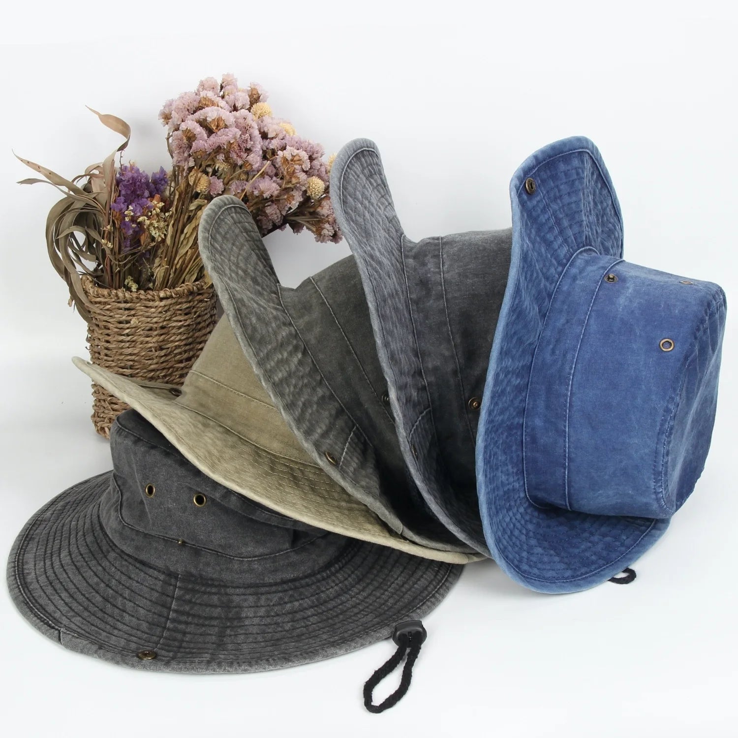 Outdoor Hunting Blank Embroidery Logo Big Brimmed Large Size Windproof Rope Fishing Hat Custom Washed Jean Denim Bucket Hat