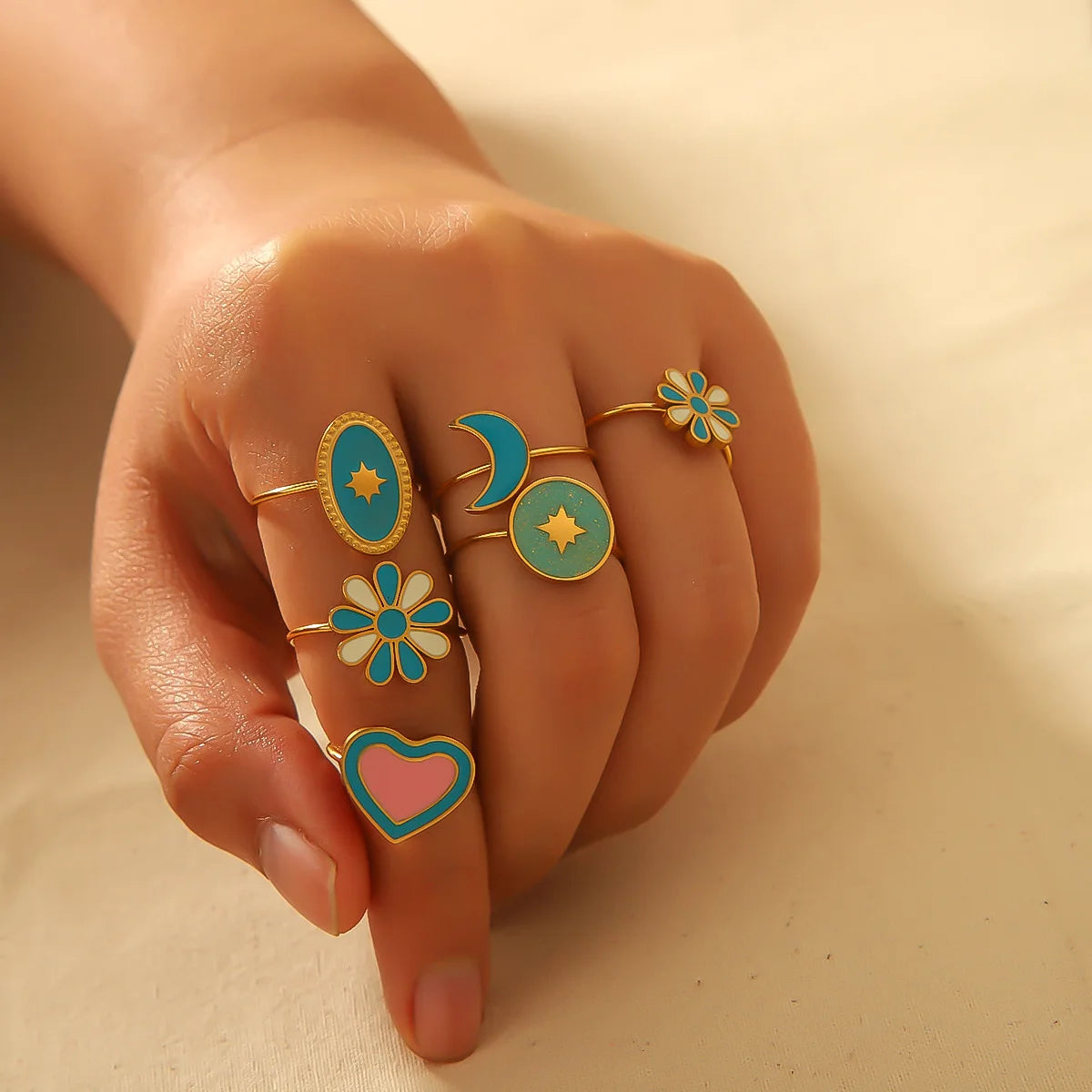 New Arrival Exquisite Pink Heart Flower Non Tarnish Cute Fish  Sun Moon Adjustable Rings Gold Plated Stainless Steel Jewelry
