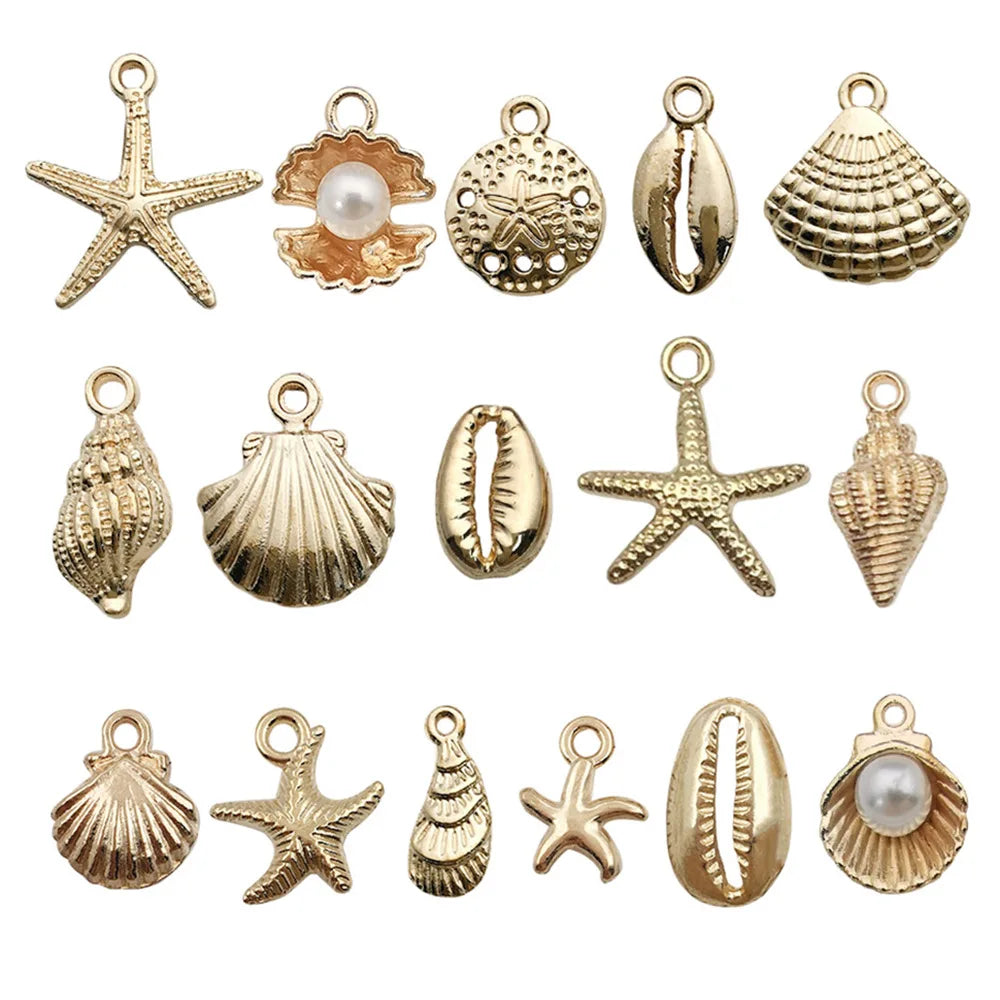 Mixed 16 KC Gold Shell Starfish Conch Sea Alloy Pendant for Diy Jewelry Making Accessories Bracelet Necklace Pendants
