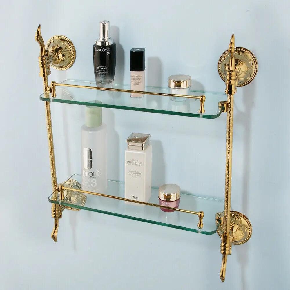 JIENI Wall Mounted Double Layer Gold Glass Shelf for Bathroom Shower Gel and Shampoo Storage Holder