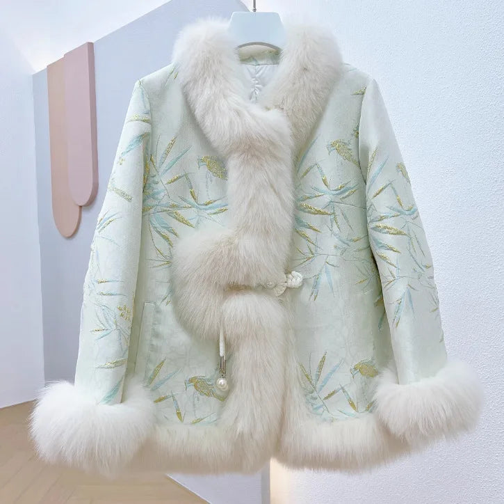 2023 New Autumn Winter Trendy Satin Retro Embroidered Real Fur Coat for Women Lightweight Floral Goose Inner Jacket