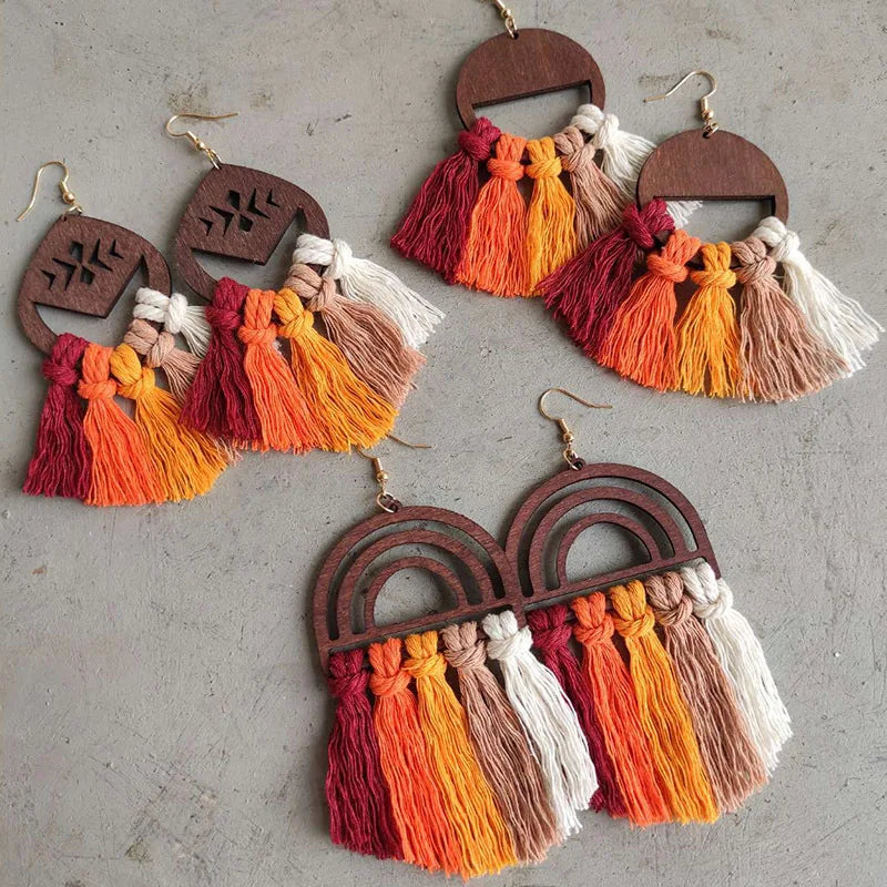 Fashion Handmade Wooden Boho Rope Braided Tassel Earrings Rainbow Orange Gradient Dangle Earrings for Women
