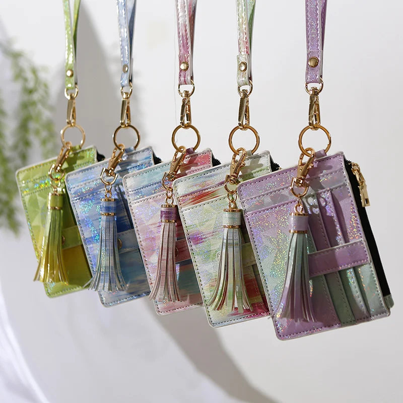 Multi Colors Pu Leather Tassel Bangle Keychain Fashion Bag Pendant ID Credit Cards Holder Coin Wallet Key Chain