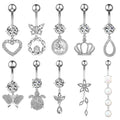 Set 10 Body Belly Rings Heart Butterfly Flower Design Stainless Steel Bar Barbell Horse-Eye Zircon Inlay Navel Ring Steel