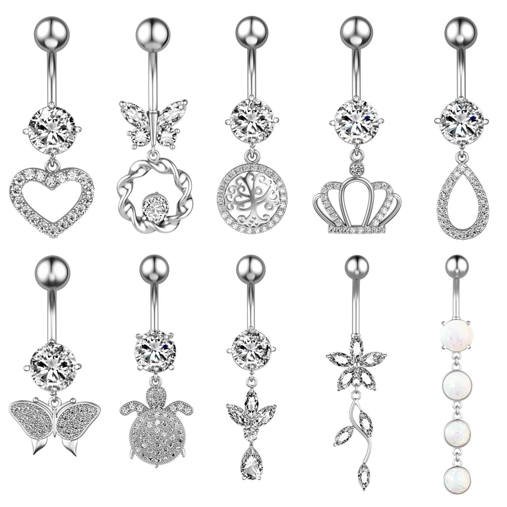 Set 10 Body Belly Rings Heart Butterfly Flower Design Stainless Steel Bar Barbell Horse-Eye Zircon Inlay Navel Ring Steel