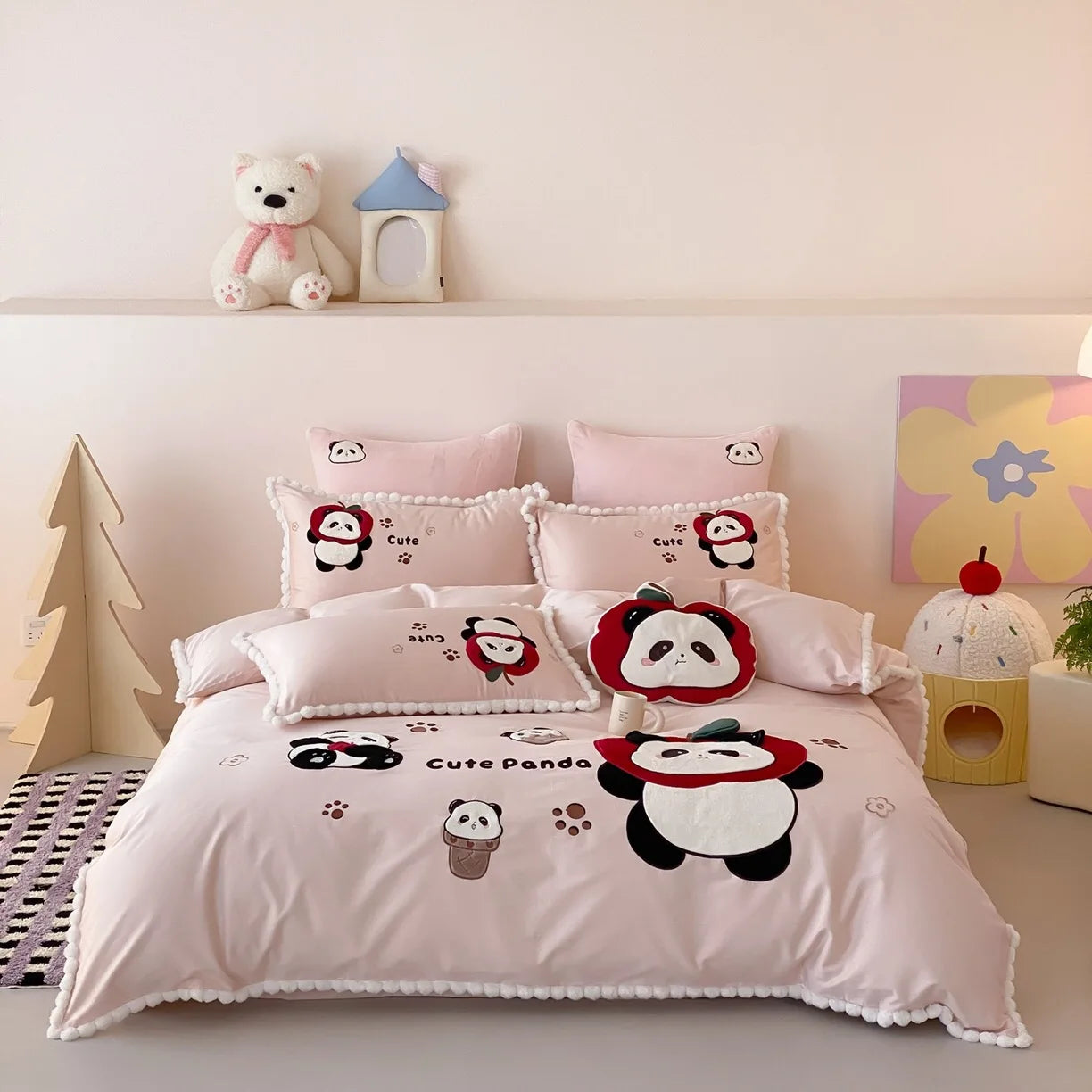 Cartoon Embroidery Comforter Duvet Cover 100S Cotton Bed Sheet Pink Pillow case Home Textile Kids Bedding Set