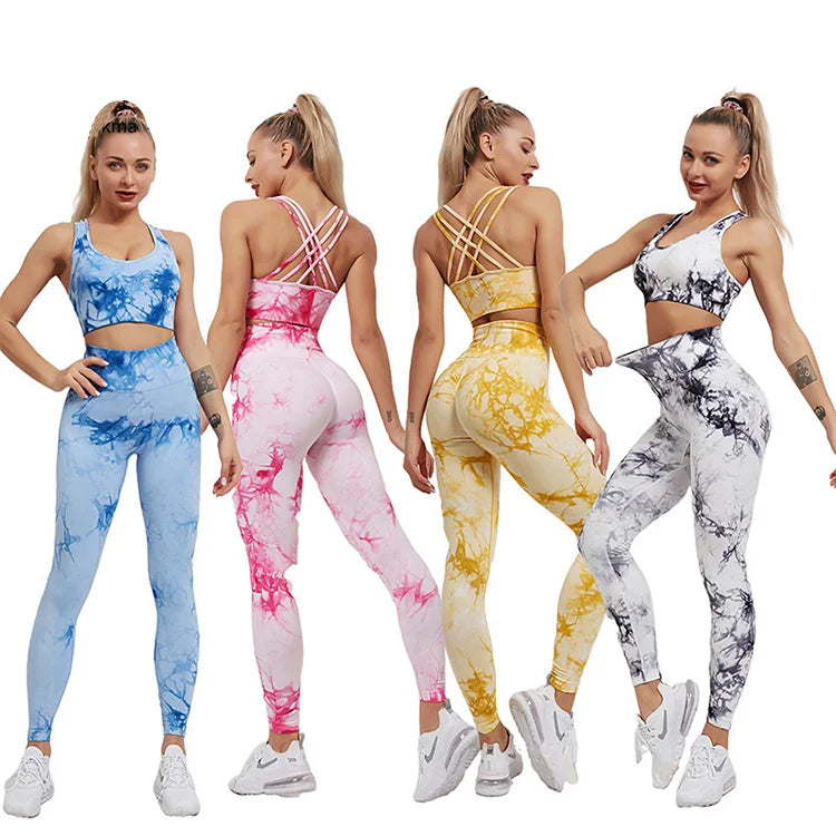 2 Piece Set Women Workout Clothing Seamless Tie Dye Exercise Running Fitness Set 2024 New Print Yoga Set