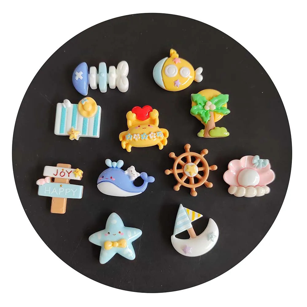Mini Ocean Series Resin Accessories Home Decorations Swim Ring Crab Shell Boat Dolphin Starfish Ocean World Animals Flatback Ca