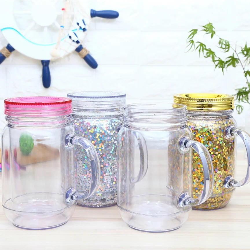 Custom Reusable Cup 20oz Snow Globe Tumbler Creative Plastic Mason Coffee Mug with Handle