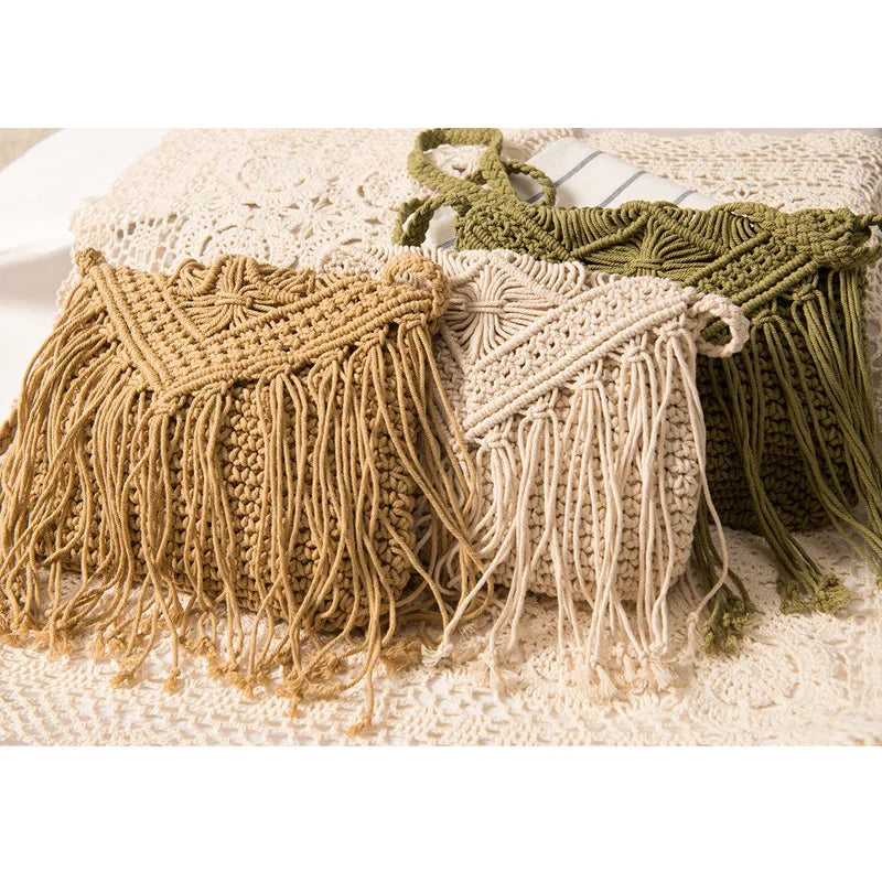 OEM Service Tassel Design Beach Straw Knitted Envelope Bag Summer Woven Cotton Rope Straw Clutch Handbags