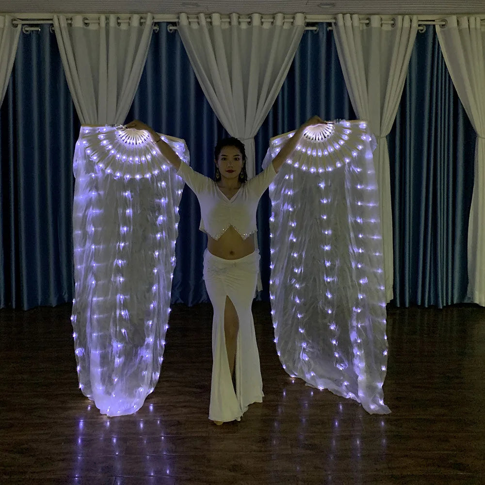 180cm 1pair White Color Long Bamboo Silk Fans With Led Light for Belly Dance Performance Prop Accessory