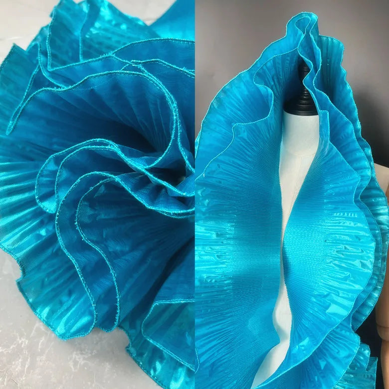 Hot Sale Pleated Lotus Leaf Lace Organza Ruffled Tulle Designs Fabric Polyester Fabric for Wedding Stage and Party Dress
