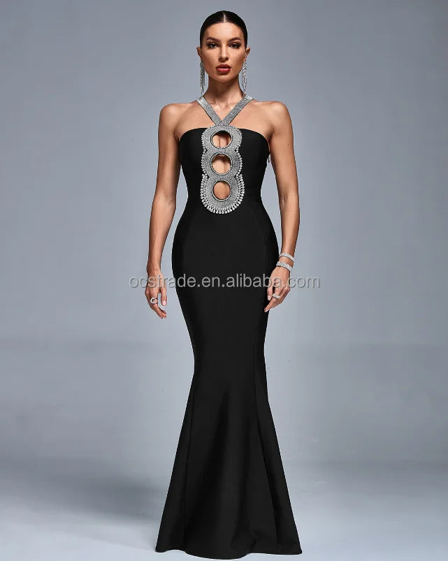 Ocstrade Elastic Bandage 2024 Evening Dresses Maxi Dress Hollow Out Halter Backless Elegant Evening Dresses With Rhinestones