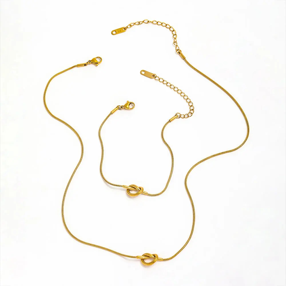 Joolim Stainless Steel 18K Gold Plated Knot Pendant Dainty Snake Chain Necklace Trendy Fashion Jewelry Wholesale Bracelet Set