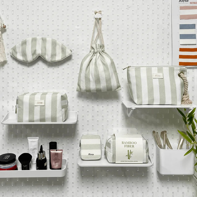 BSCI New Design Zipper Closure Type Eco Friendly Natural Cloth Bamboo Fabric Green Striped Makeup Cosmetic Bag