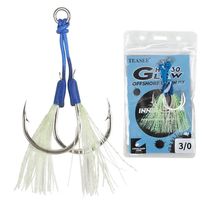 HK030 Fishing Double Hook Cast Jigs Assist Hook High Carbon Steel Fishing Lure Slow Jigging Hook 2 Set Per Bag