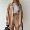 Women's Casual Shorts Set Spring Wrinkle Polo Long Sleeve Shirt High Waist Drawstring Pleated Button Vintage Pattern Large-S-2XL