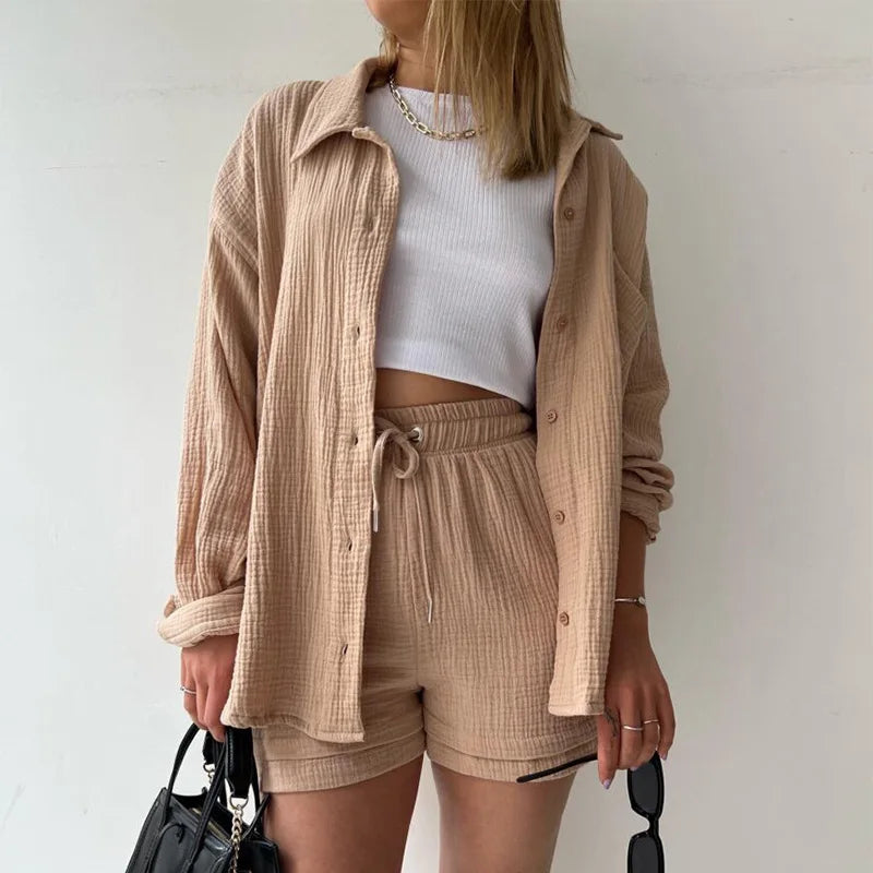 Women's Casual Shorts Set Spring Wrinkle Polo Long Sleeve Shirt High Waist Drawstring Pleated Button Vintage Pattern Large-S-2XL