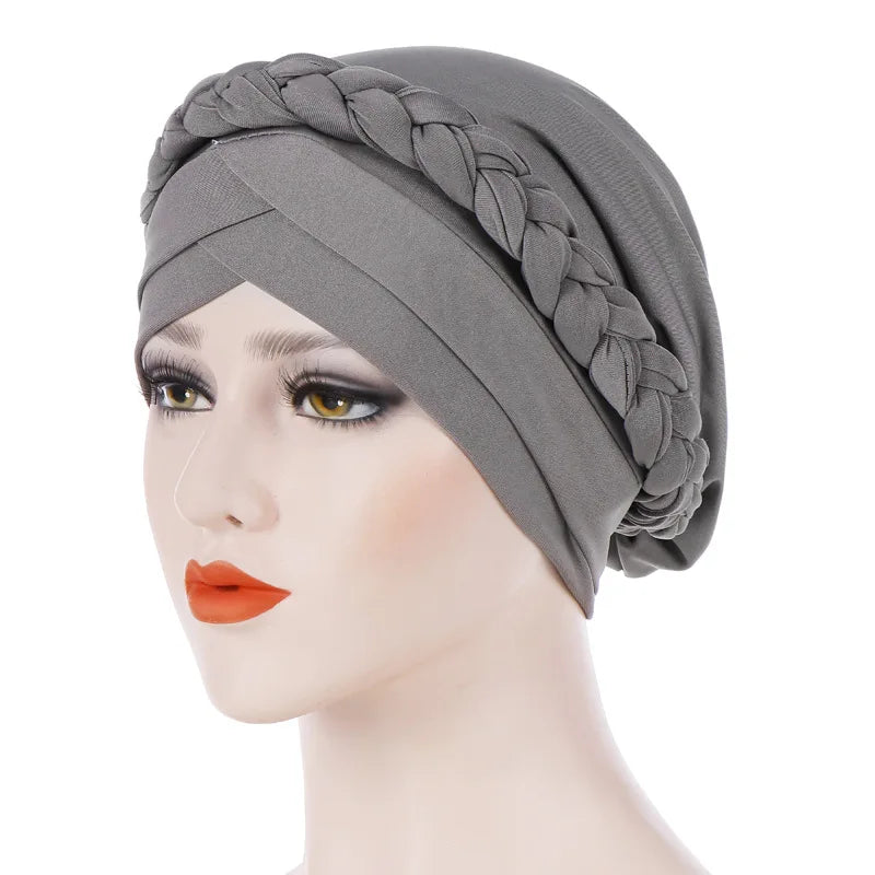 HZO-18076 Women Plain Muslim Inner Fabric Twisted Braid Head Wraps Turban Hat Bonnet