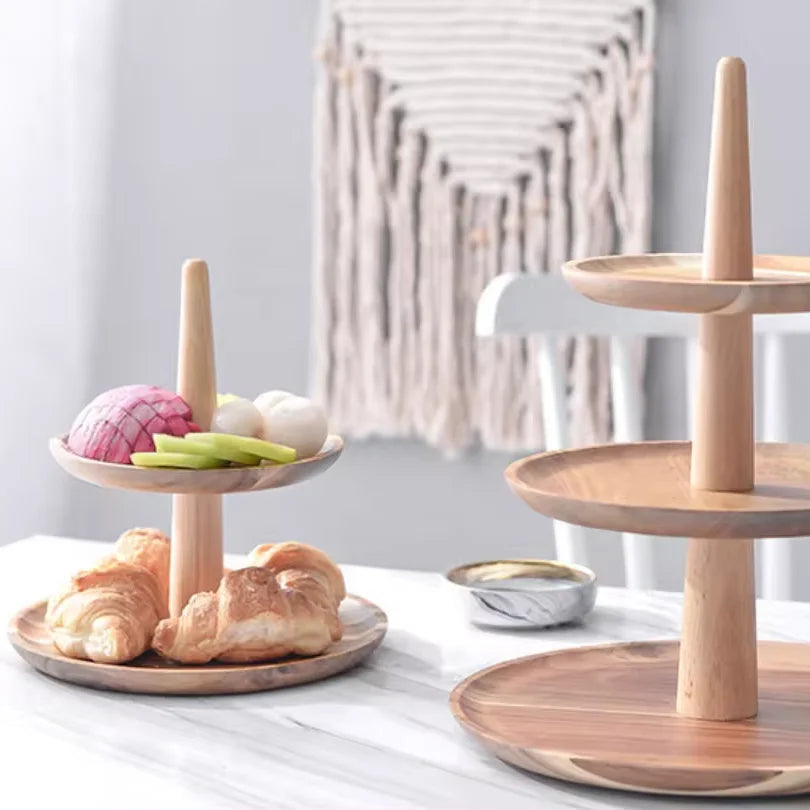 Solid Wood Eco-Friendly Round Three-layer Dessert Stand Fruit Platter Cake Display Plate