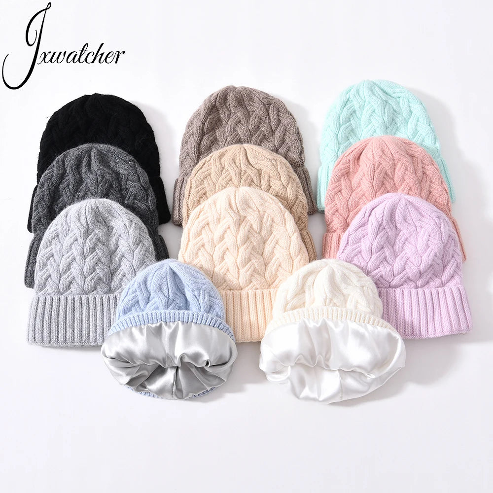 Jxwatcher Cable Cashmere Knitted Toque Wholesale Satin Lined Inside Winter Hats Soft Women Cuffed Custom Beanie Hats With Satin