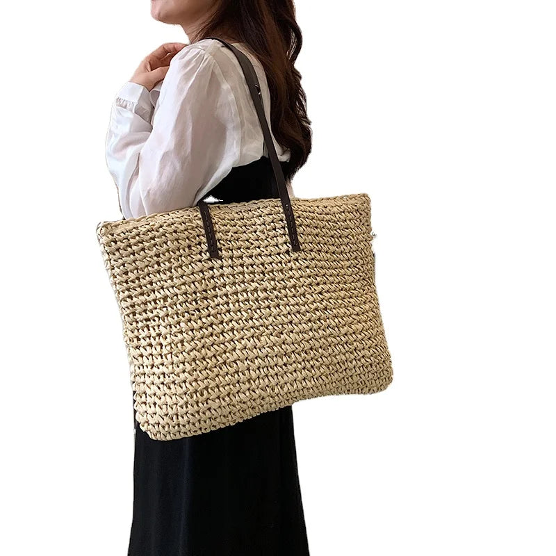 Women Straw Woven Tote Large Beach Handmade Weaving Beach Shoulder Bag Purse Straw Handbag