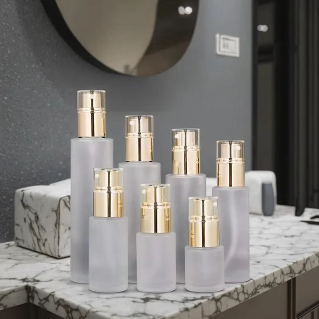 Luxury Frosted Glass Pump Bottle with Gold Plastic Cap for Facial Cleanser Mascara Eye Drop Empty Cosmetic Lotion