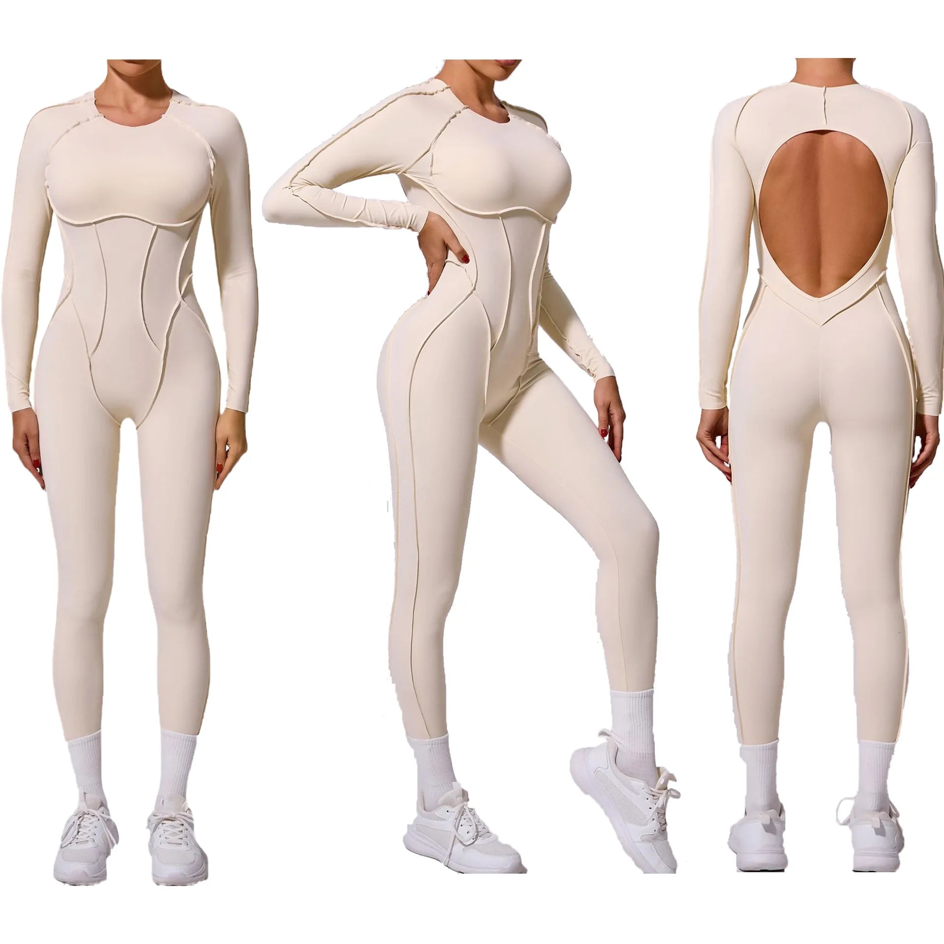 New Custom Open Back Yoga Fitness Bodysuits Women One Piece Long Sleeve Women Jumpsuit