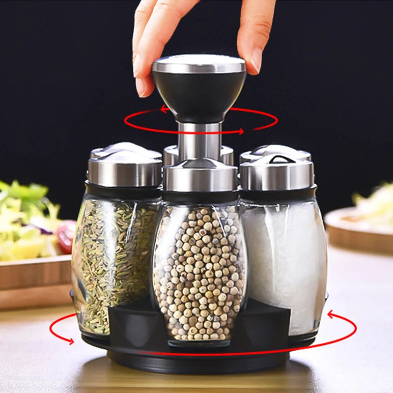 6pcs Rotating Steel Spice Jar Rack Standing Type Seasoning Bottle Rack Convenient 6 Pack Spice Organizer
