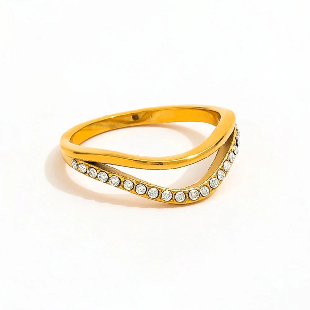 Joolim High End 18K Gold Plated Double-layer Dainty Zirconia Half Paved Waved Stainless Steel V Ring for Women
