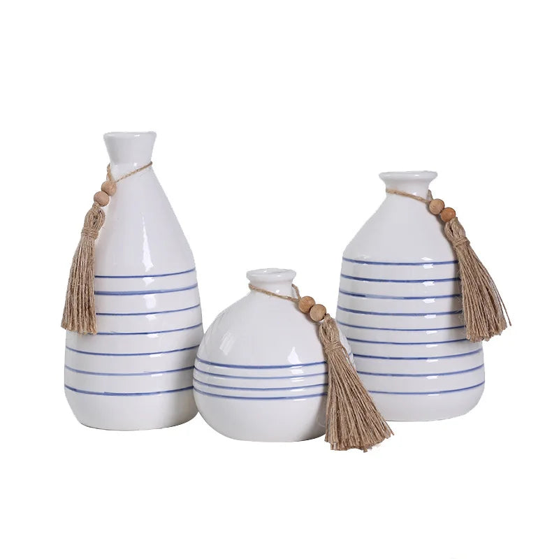 Antique Tabletop Vase Hand-Painted Horizontal Striped Ceramic Creative Tassel Cross-Border New Design for Home Decor Dried
