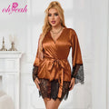 Women's Short Lace Robe Satin Nightgown Sleep Dress Summer and Autumn Clothing for Plus Size Women