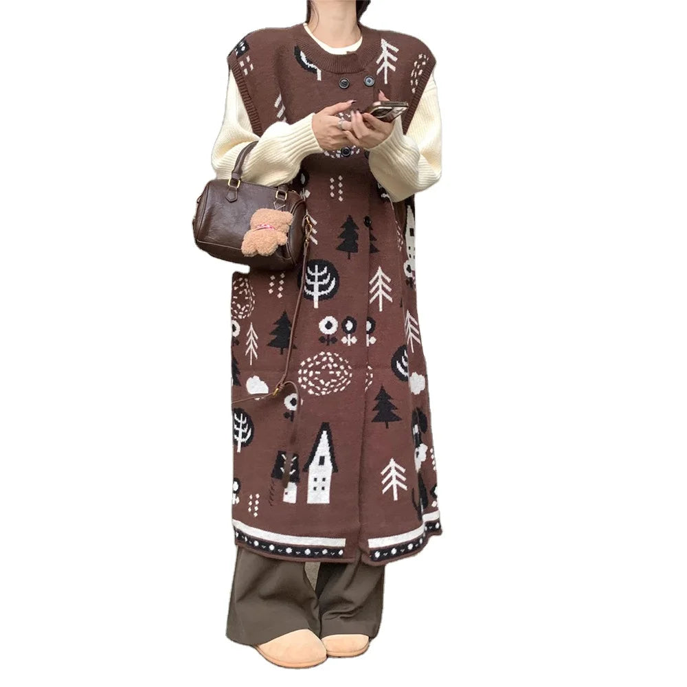 Spring Autumn Retro Jacquard Knit Set Loose Knit Vest Dress and Long Sleeve Knit Pullover Set Knitted Two-Pieces Set for Women