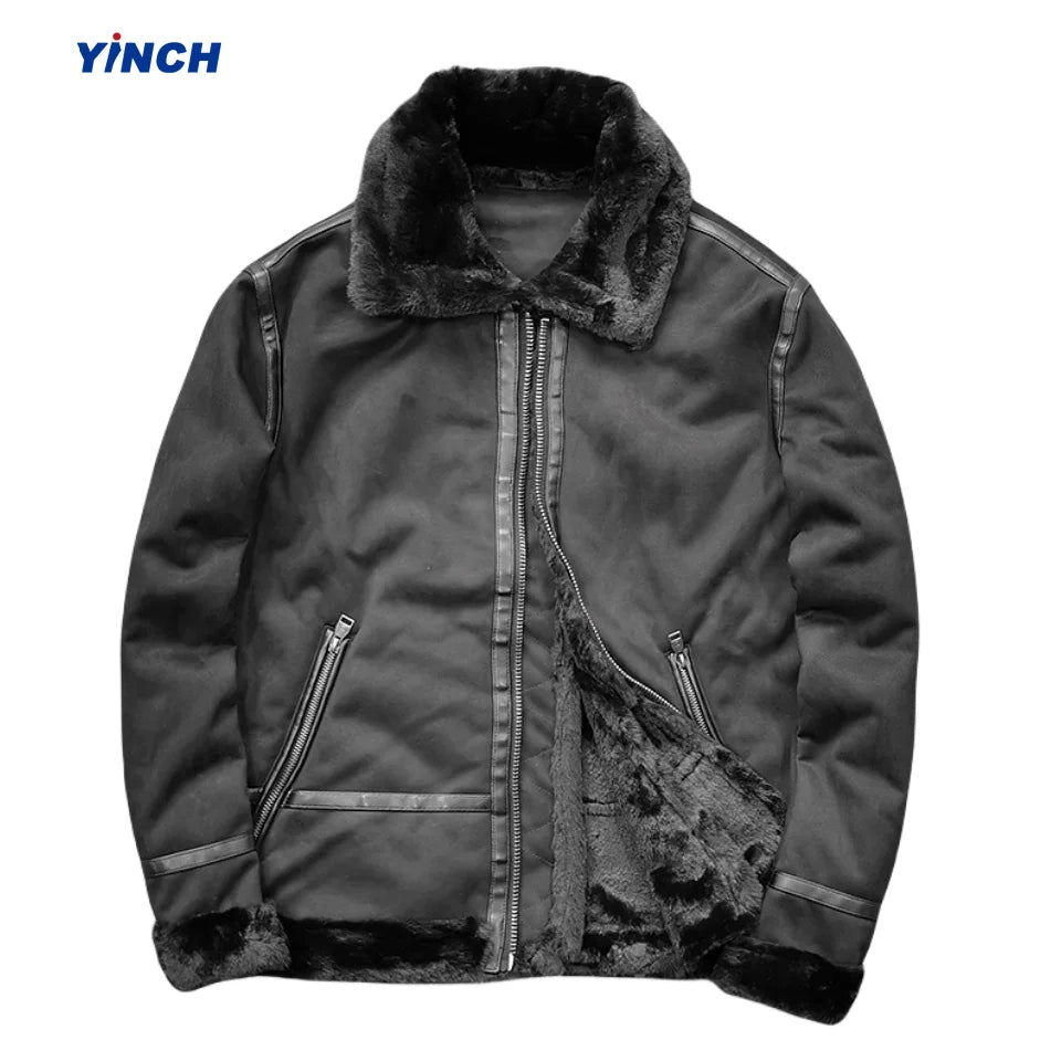 LAYENNE Men's Luxury Micro Suede Bomber Jacket Standard Thickness With Turn-Down Collar Trendy and Upscale Winter Warmth