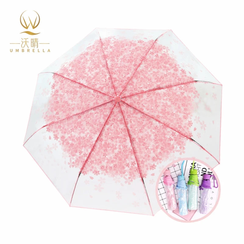 Sakura Girls 3-Fold Automatic Open Windproof Umbrella Clear PVC and Fabric Modern Design for Patios Travel Adult Gift