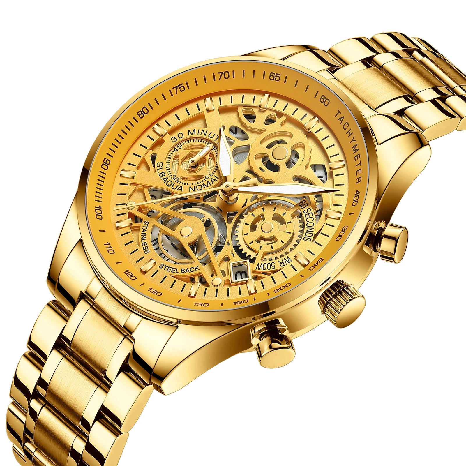 NIBOSI 2385 24K Gold Face Alloy Case Stainless Steel Strap 42mm Dial Man Watch