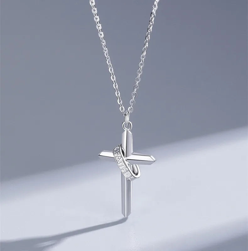 S925 Sterling Silver Fine Jewelry Pendant Necklace Fashion Faith Power Cross Charm Necklace Wholesale