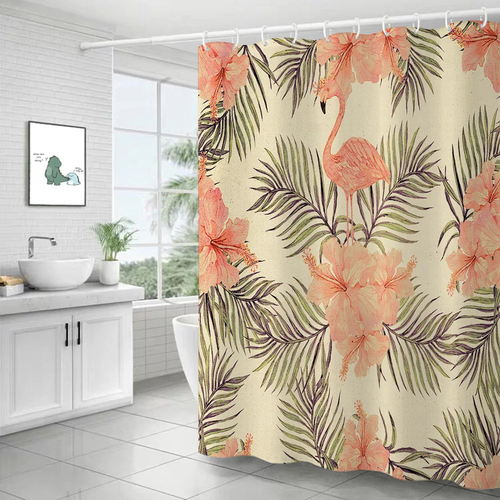 3D Flamingo Waterproof Polyester Shower Curtain Mildew-Proof with 12 Hooks Digital Printed Universe Bathroom Decor