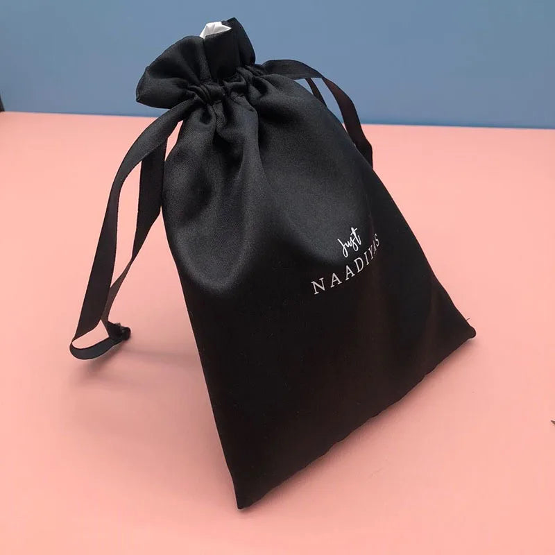 Wholesale Black Drawstring Custom Satin Jewelry Bag with White Satin Lining Satin Jewelry Package Pouches Bags with Logo