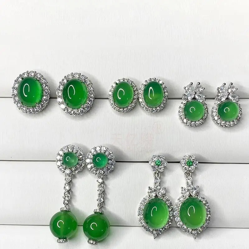 Factory Sale Natural Ice Jade Chalcedony Earrings Inlaid Girl Jewelry Earrings Ice Jade 925 Silver Plated Green Agate Earrings