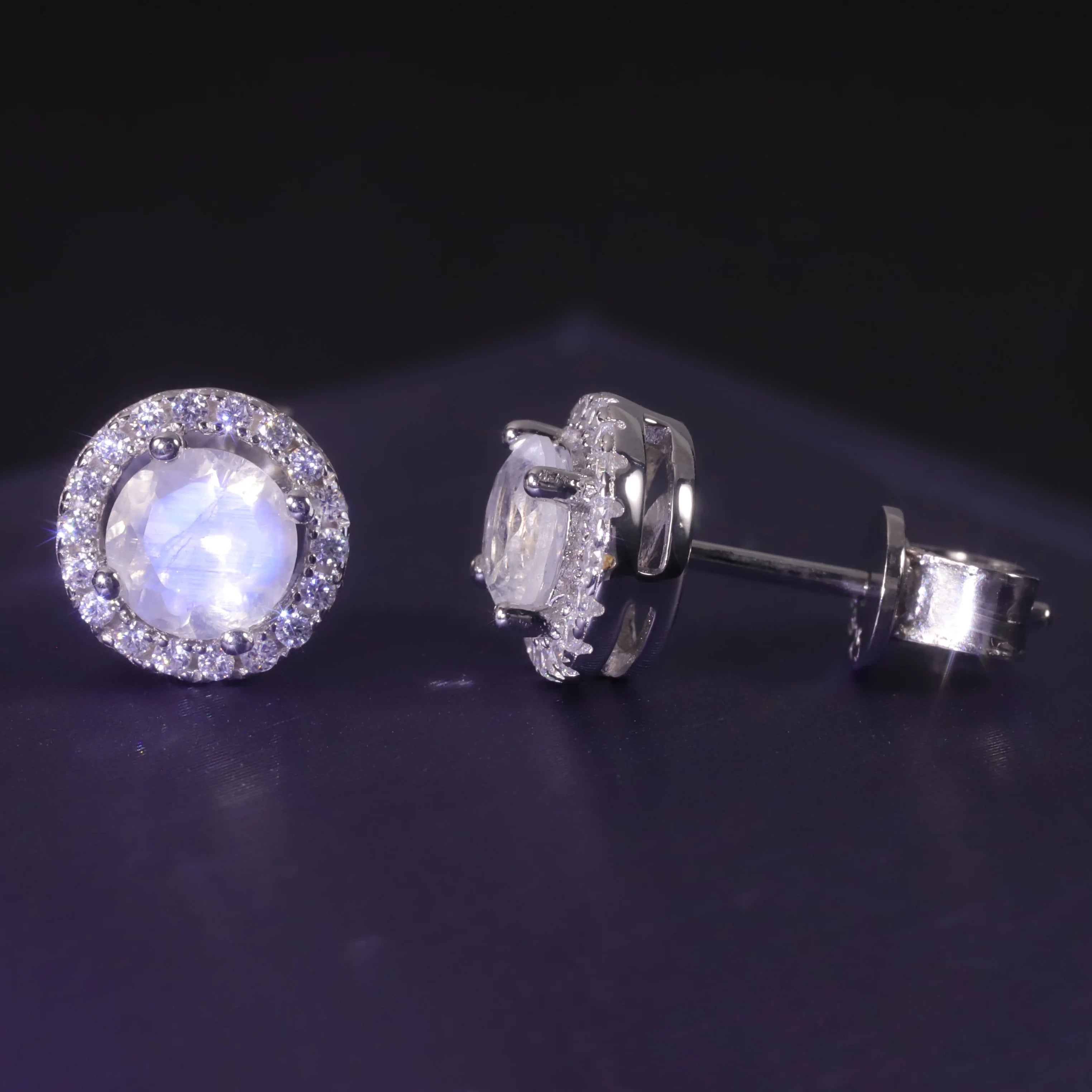 S16A Women Fine Jewelry Wholesale Rose Gold Plated 925 Sterling Silver Natural Blue Moonstone Stud Earrings