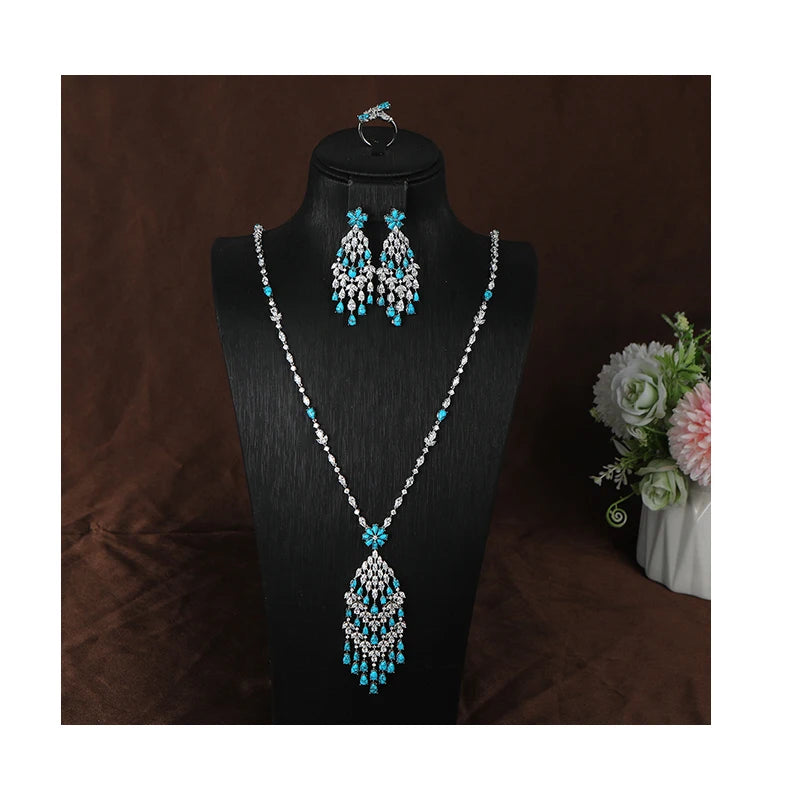New Fashion Jewelry Sets Middle Eastern Blue Turquoise Long Tassel Necklace Earring Wedding Jewelry Set