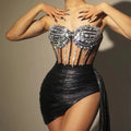 Sexy Strapless Sequin Diamond Top Skirt 2 Piece Set Female Showgirl Dancer Outfit Women Dinner Gown Slit Evening Party Dress