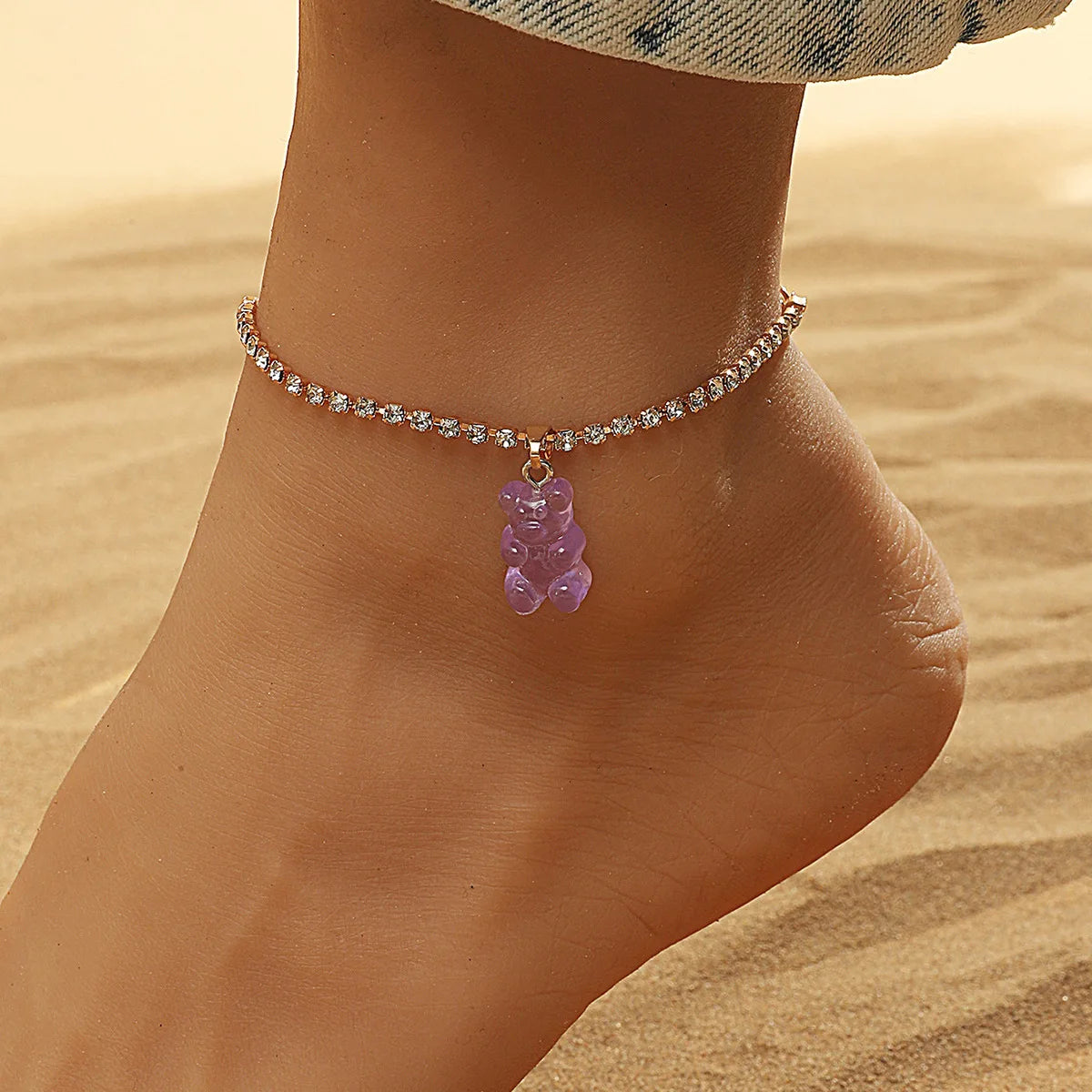 Tennis Chain Purple Bear Anklet  Women Candy Color Gummy Mini New Animal Pendants Tobillera De Oso Bear Anklets